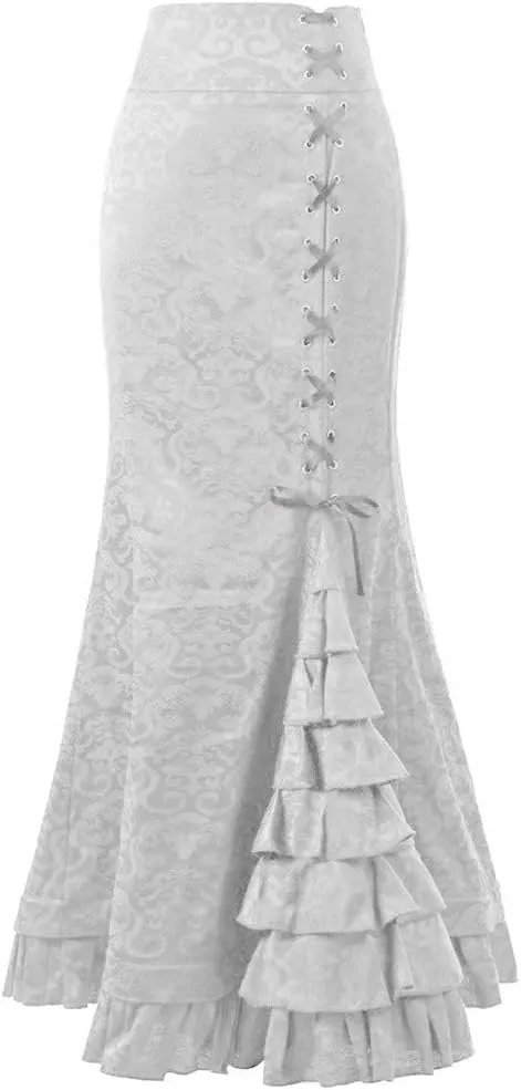 Maxi Skirts for Women Steampunk Renaissance Gothic Medieval Lace Up Tiered Ruffle Fishtail Pencil Bodycon Long Skirt