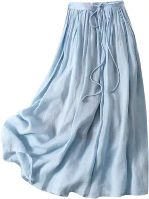 Maxi Skirts for Women Summer Cotton Linen Drawstring Waist A-Line Long Flowy Skirt Casual Flowy Holiday Boho Skirts
