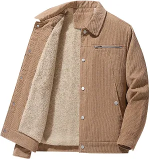 Men Corduroy Jackets Vintage Lapel Neck Trucker Shackets Coat Full Zipper Lined Fleece Sherpa Outwears