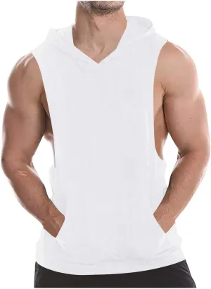 Men Cotton Muscle Cut Off Hooded Tank Tops, Solid Color Basic Bodybuilding Training Hoodies Sleeveless Loose Pockets Tees