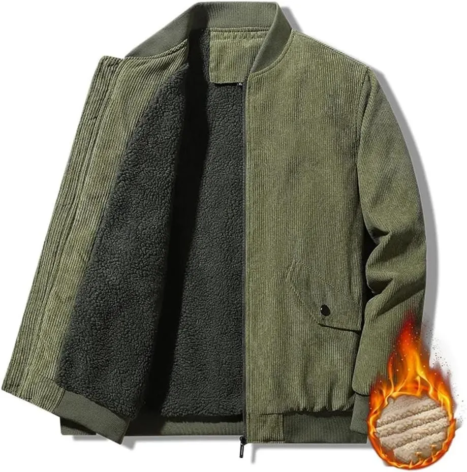 Men Fleece Corduroy Jackets Thick Warm Parkas Coats Slim Fit Zipper Front Casual Jacket