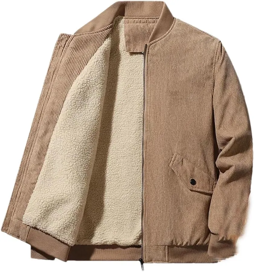 Men Fleece Corduroy Jackets Thick Warm Parkas Coats Slim Fit Zipper Front Casual Jacket
