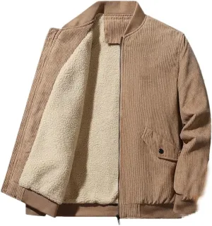 Men Fleece Corduroy Jackets Thick Warm Parkas Coats Slim Fit Zipper Front Casual Jacket