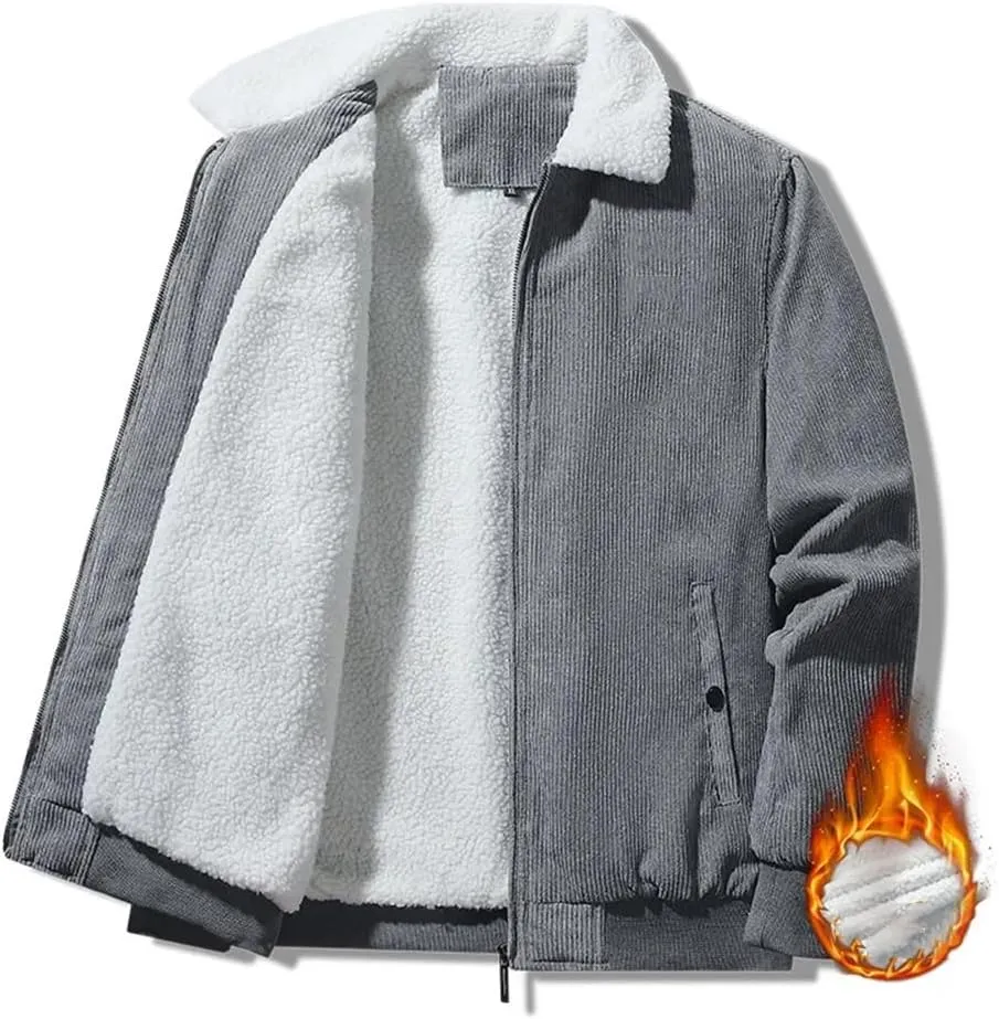 Men Fleece Corduroy Jackets Thick Warm Parkas Coats Slim Fit Zipper Front Casual Jacket
