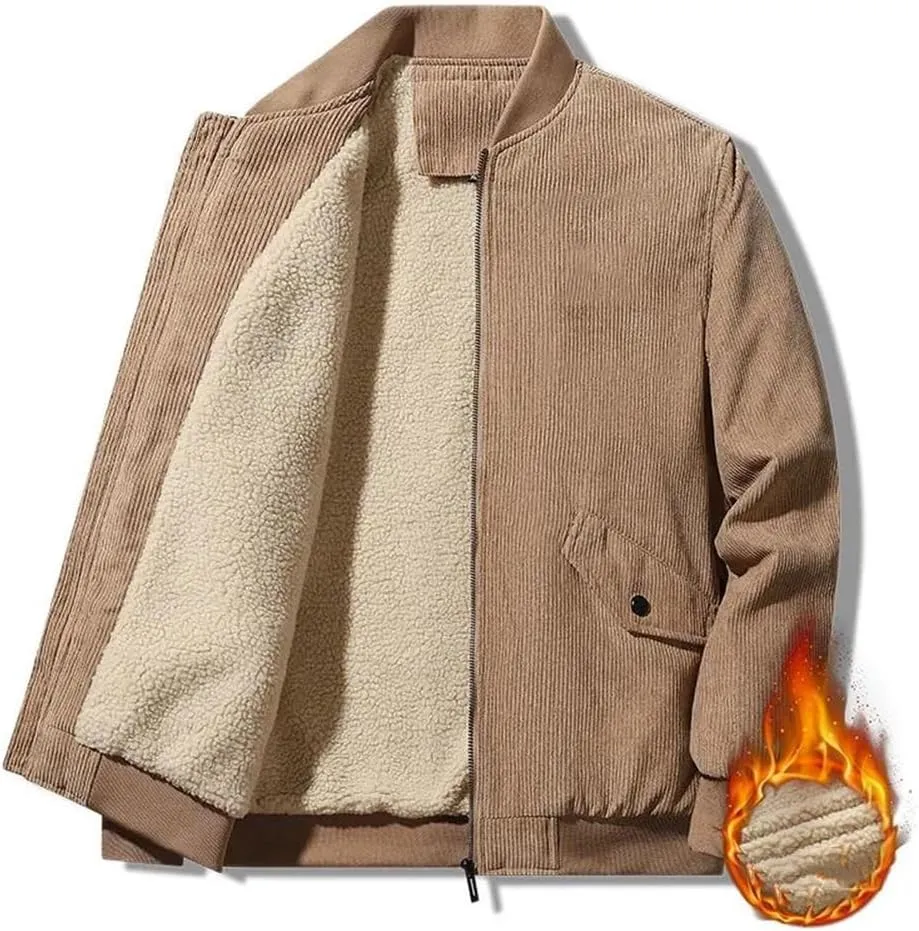 Men Fleece Corduroy Jackets Thick Warm Parkas Coats Slim Fit Zipper Front Casual Jacket