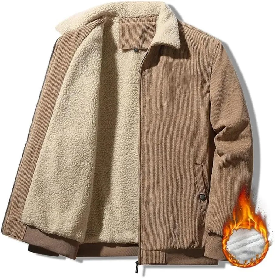 Men Fleece Corduroy Jackets Thick Warm Parkas Coats Slim Fit Zipper Front Casual Jacket