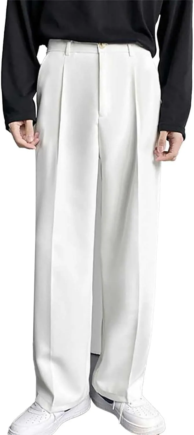 Men Formal Suit Pants Slanted Pocket Straight Wide Leg Loose Comfy Casual Trousers Business Office Party Work Pants