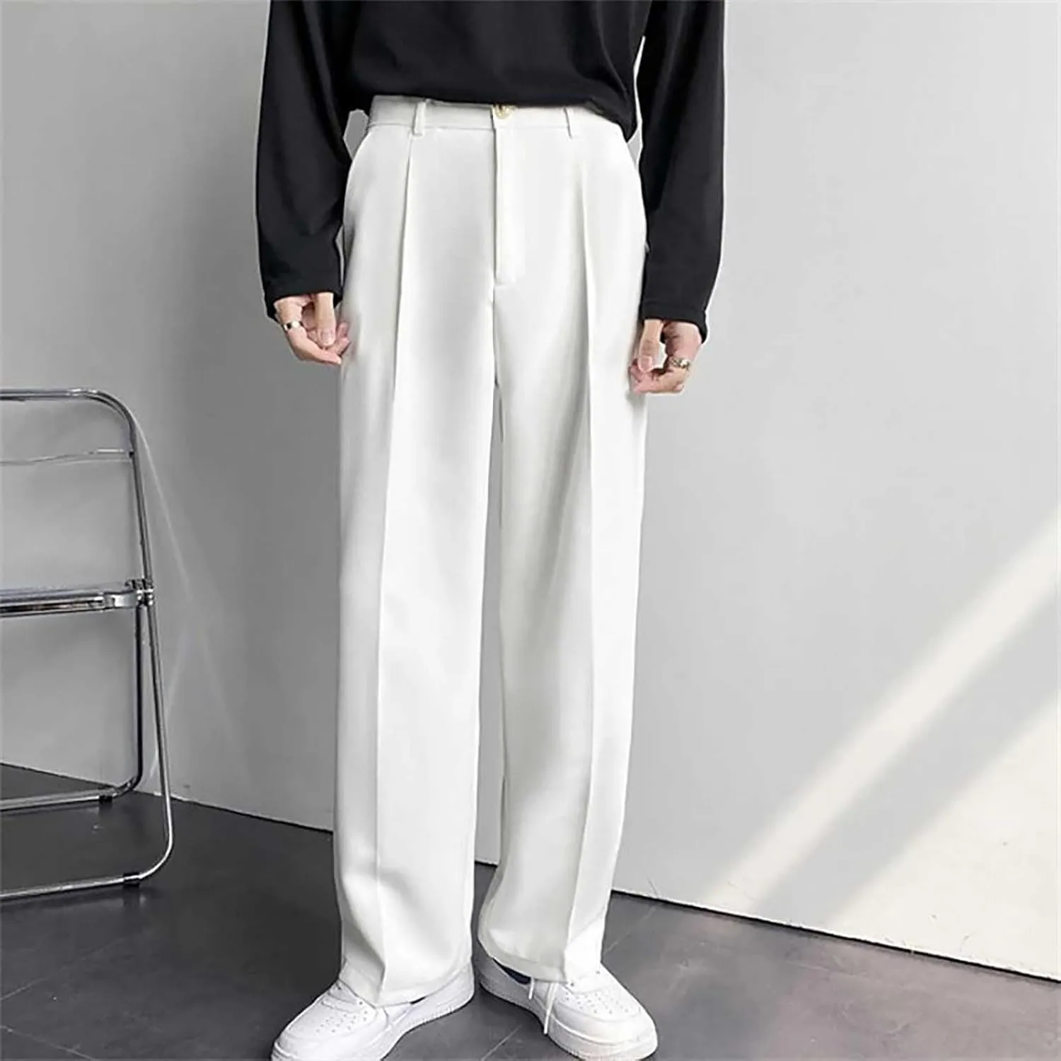 Men Formal Suit Pants Slanted Pocket Straight Wide Leg Loose Comfy Casual Trousers Business Office Party Work Pants
