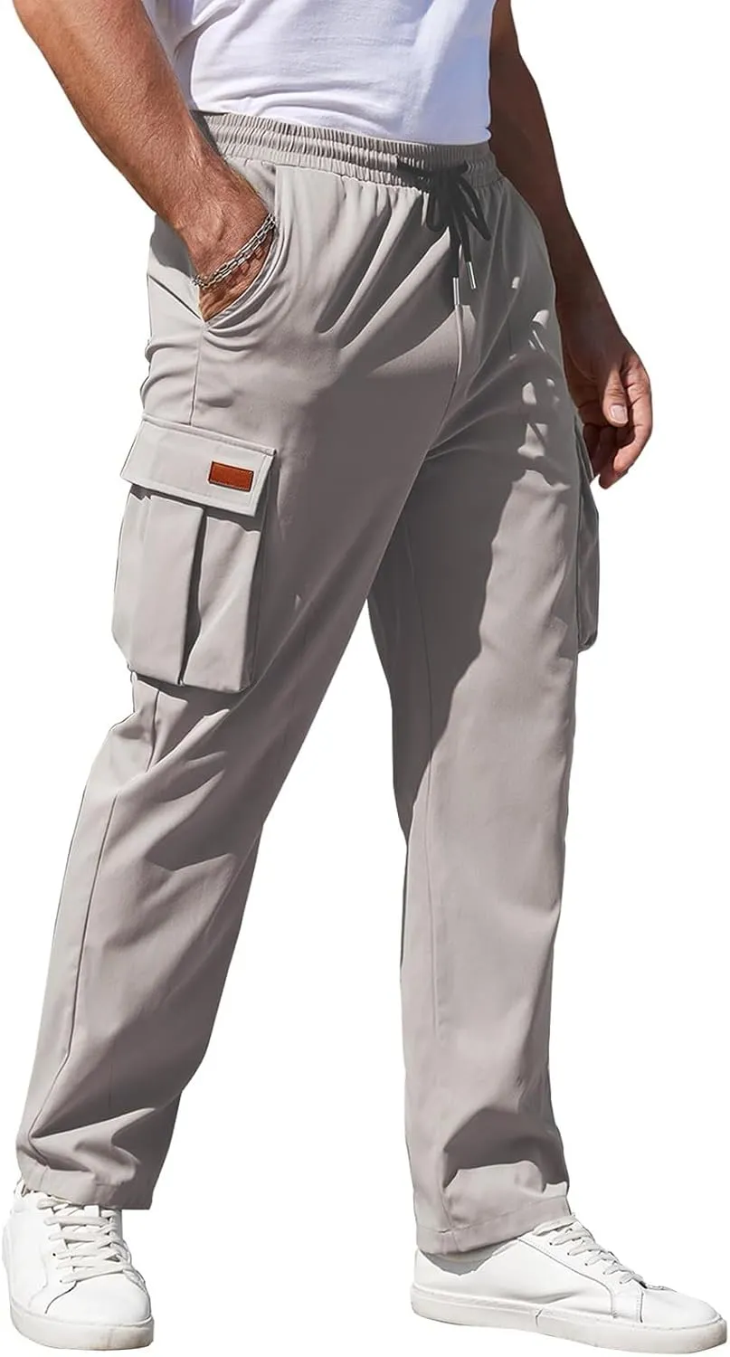 Mens Cargo Pants Elastic Waist Drawstring Multi Pocket Straight Leg Pants Casual Outdoor Relaxed Fit Sport Work Pants