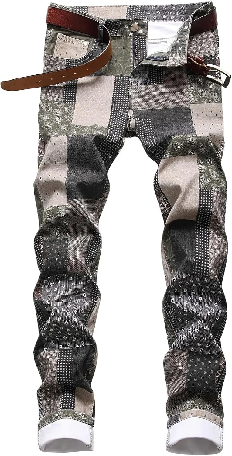 Men's Casual Denim Pants Slim Fit Stretch Comfy Print Straight Leg Jeans Classic Western Denim Trousers with Pockets