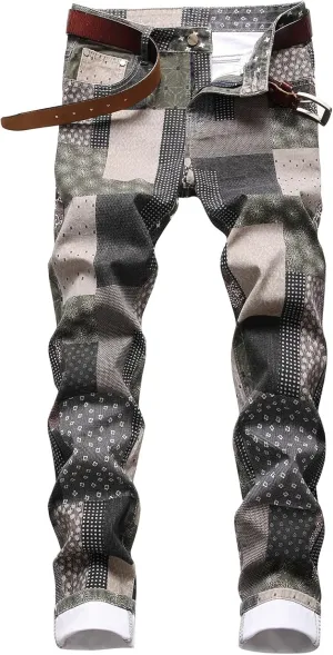 Men's Casual Denim Pants Slim Fit Stretch Comfy Print Straight Leg Jeans Classic Western Denim Trousers with Pockets