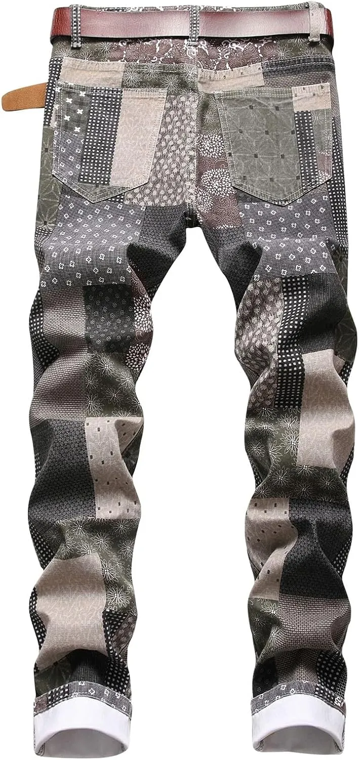 Men's Casual Denim Pants Slim Fit Stretch Comfy Print Straight Leg Jeans Classic Western Denim Trousers with Pockets
