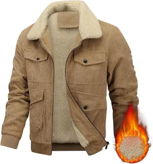 Mens Corduroy Jackets Sherpa Lined Coat Winter Fleece Trucker Jacket Thicken Fleece Collar Warm Outwear with Pocket