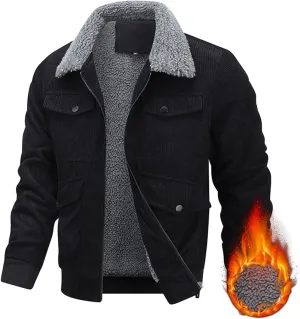 Mens Corduroy Jackets Sherpa Lined Coat Winter Fleece Trucker Jacket Thicken Fleece Collar Warm Outwear with Pocket