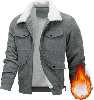 Mens Corduroy Jackets Sherpa Lined Coat Winter Fleece Trucker Jacket Thicken Fleece Collar Warm Outwear with Pocket