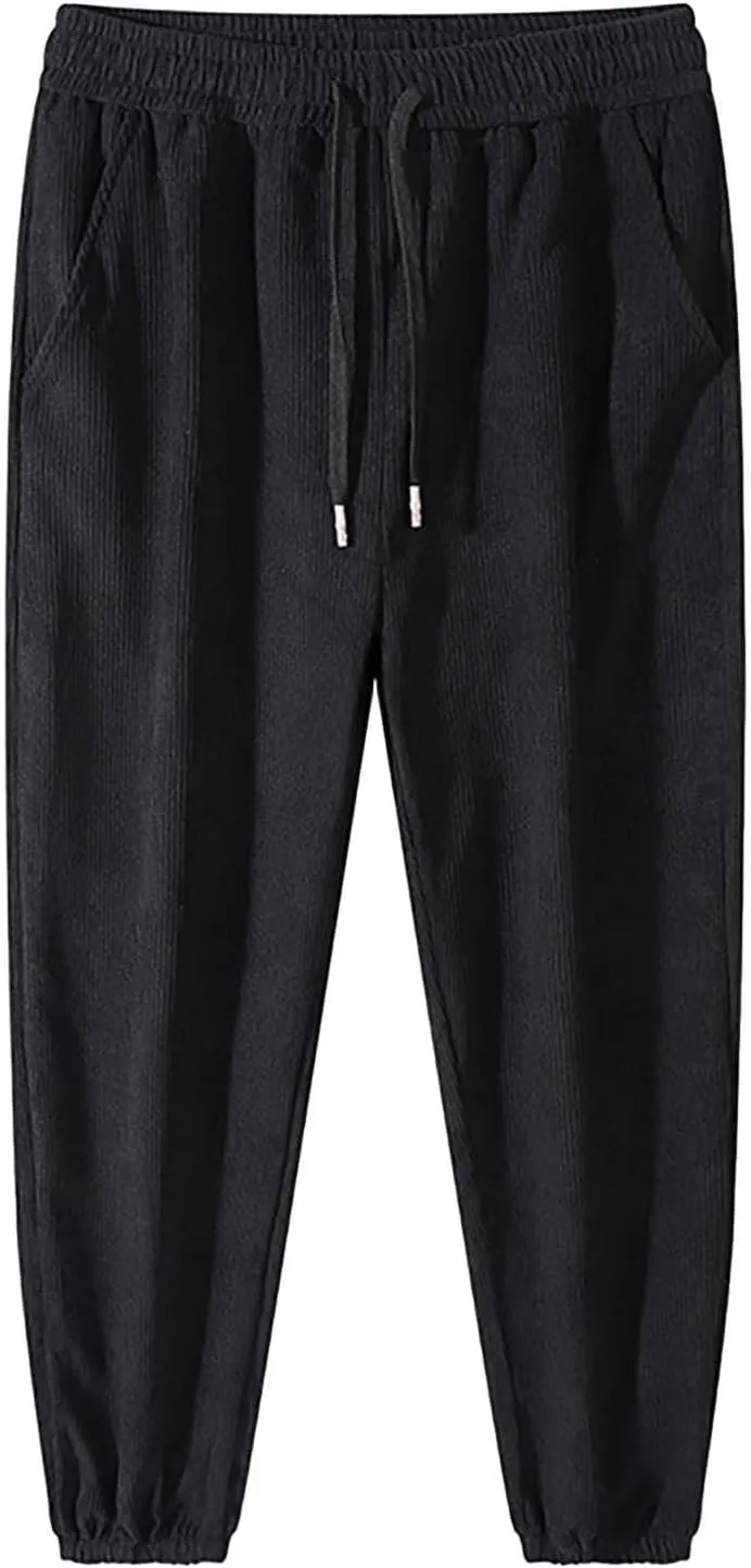 Mens Corduroy Pants Drawstring Elastic Waist Joggers Sweatpants Casual Relaxed Fit Athletic Harem Pants with Pockets
