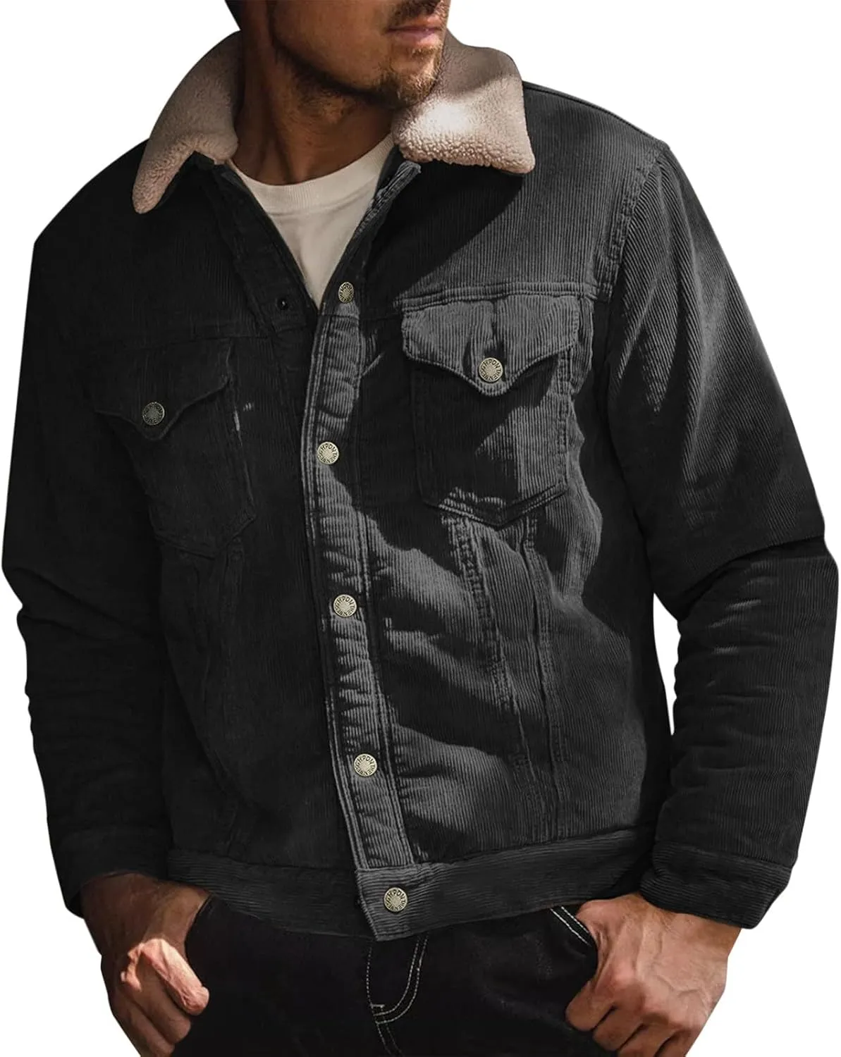 Men's Fleece Corduroy Jackets Snap Button Down Winter Cargo Coats Pockets Retro Warm Lapel Plush Fuzzy Sherpa Jacket