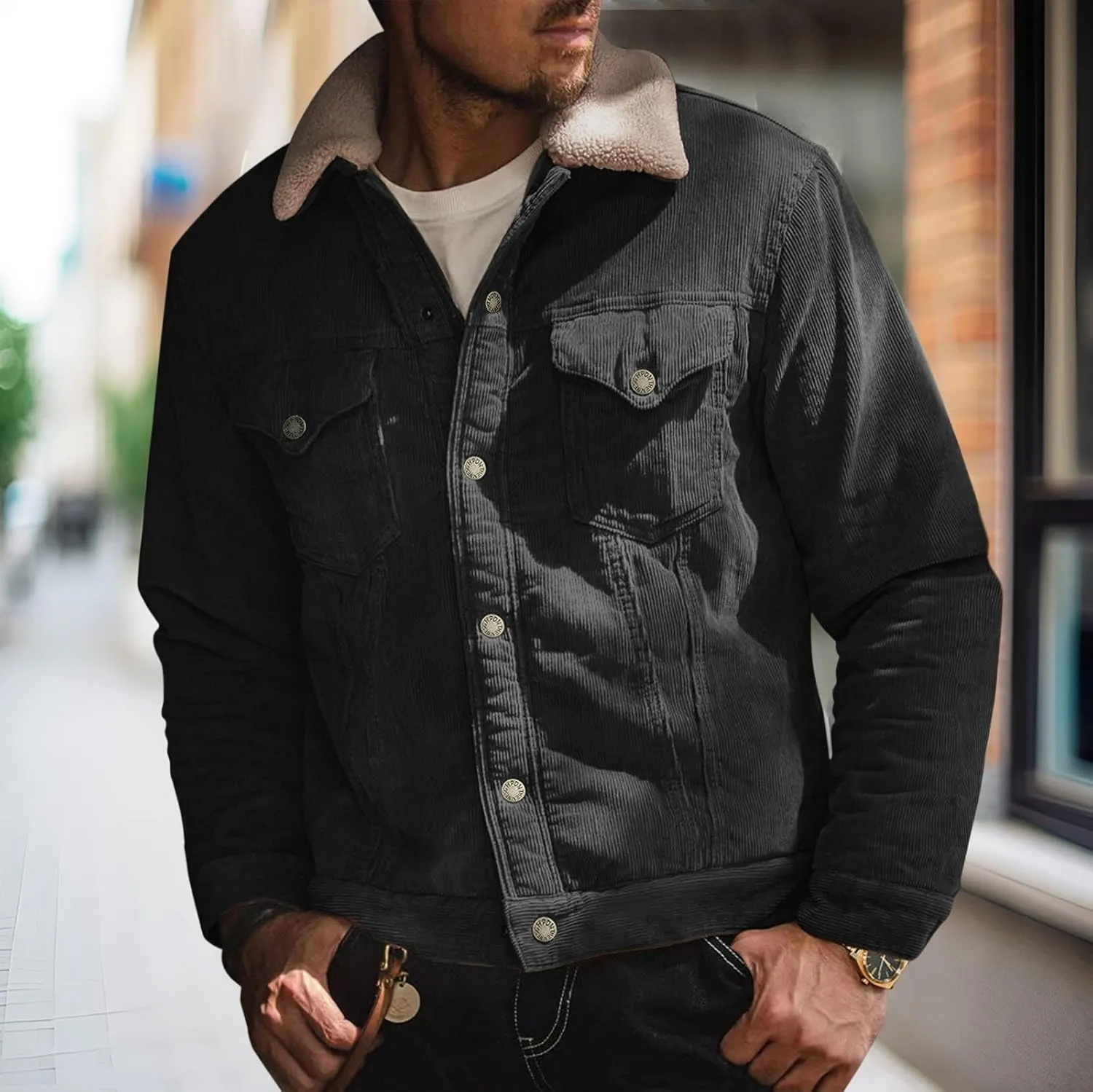 Men's Fleece Corduroy Jackets Snap Button Down Winter Cargo Coats Pockets Retro Warm Lapel Plush Fuzzy Sherpa Jacket