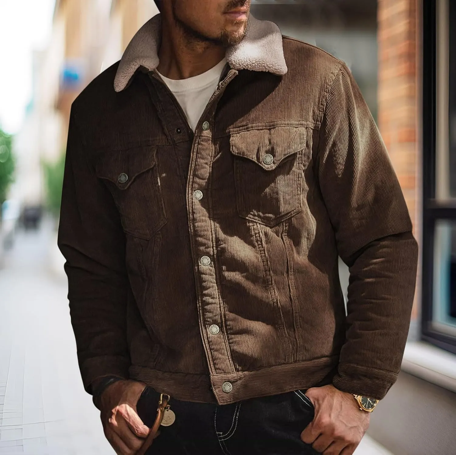Men's Fleece Corduroy Jackets Snap Button Down Winter Cargo Coats Pockets Retro Warm Lapel Plush Fuzzy Sherpa Jacket