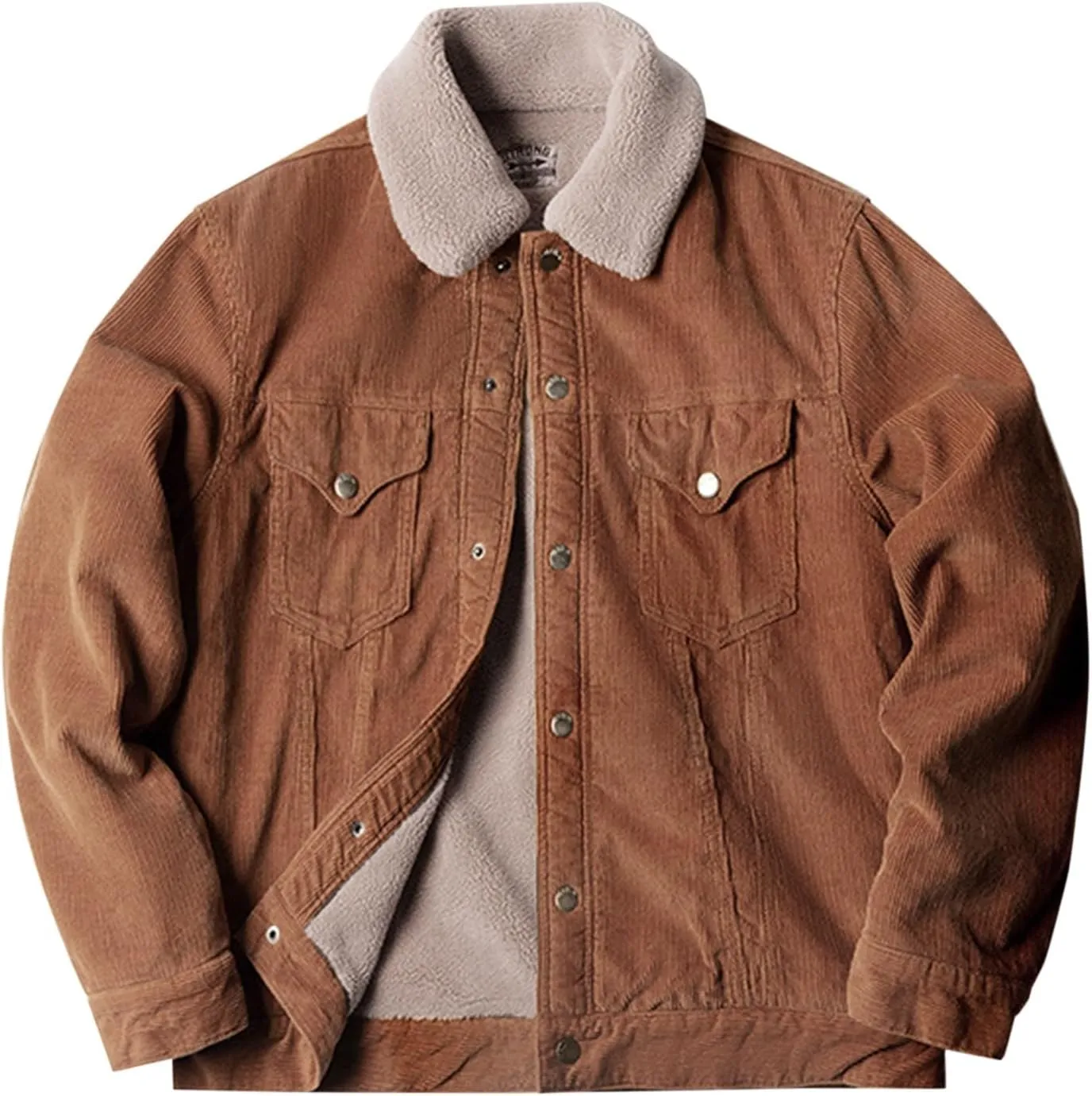 Men's Fleece Corduroy Jackets Snap Button Down Winter Cargo Coats Pockets Retro Warm Lapel Plush Fuzzy Sherpa Jacket