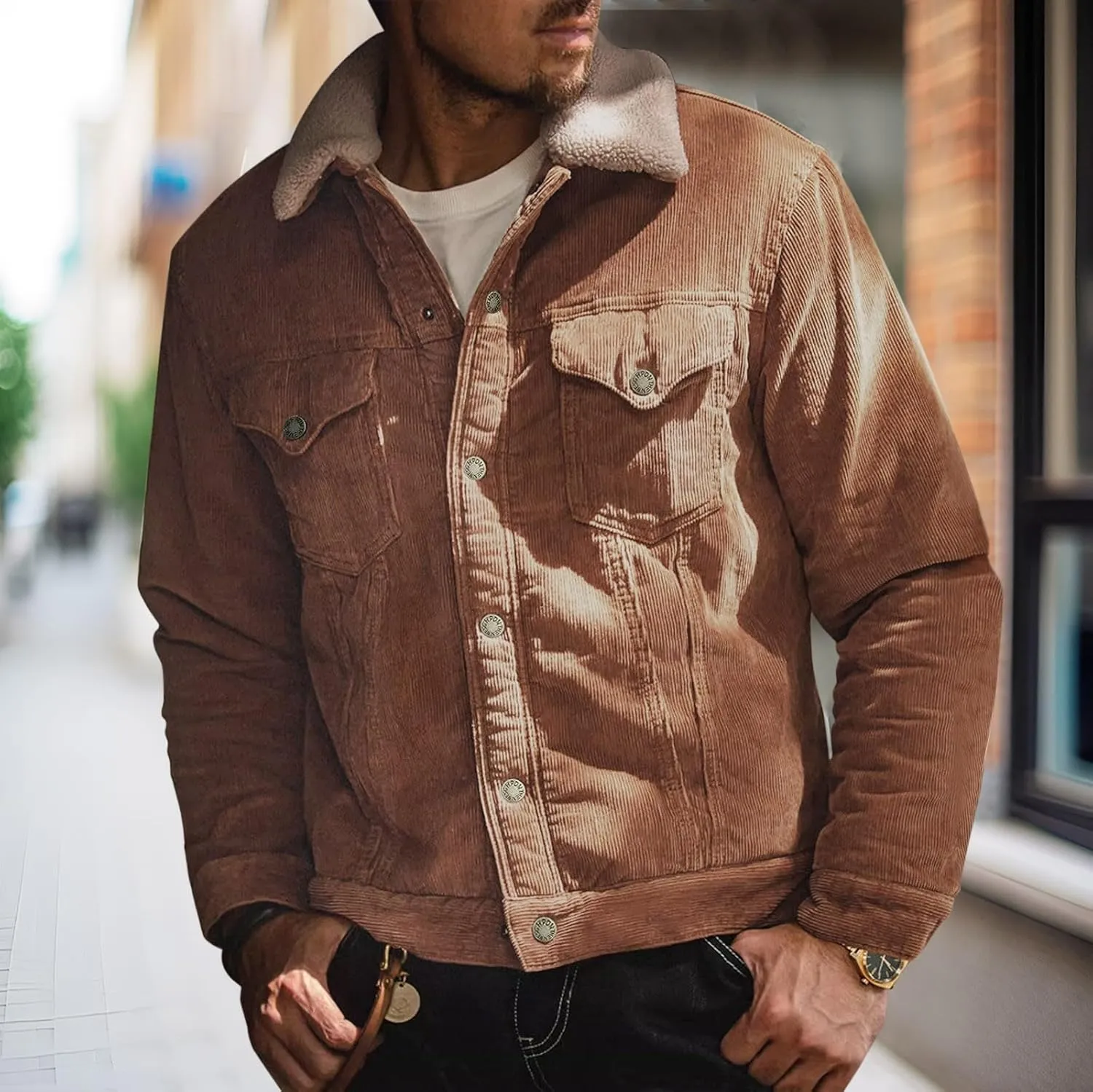 Men's Fleece Corduroy Jackets Snap Button Down Winter Cargo Coats Pockets Retro Warm Lapel Plush Fuzzy Sherpa Jacket