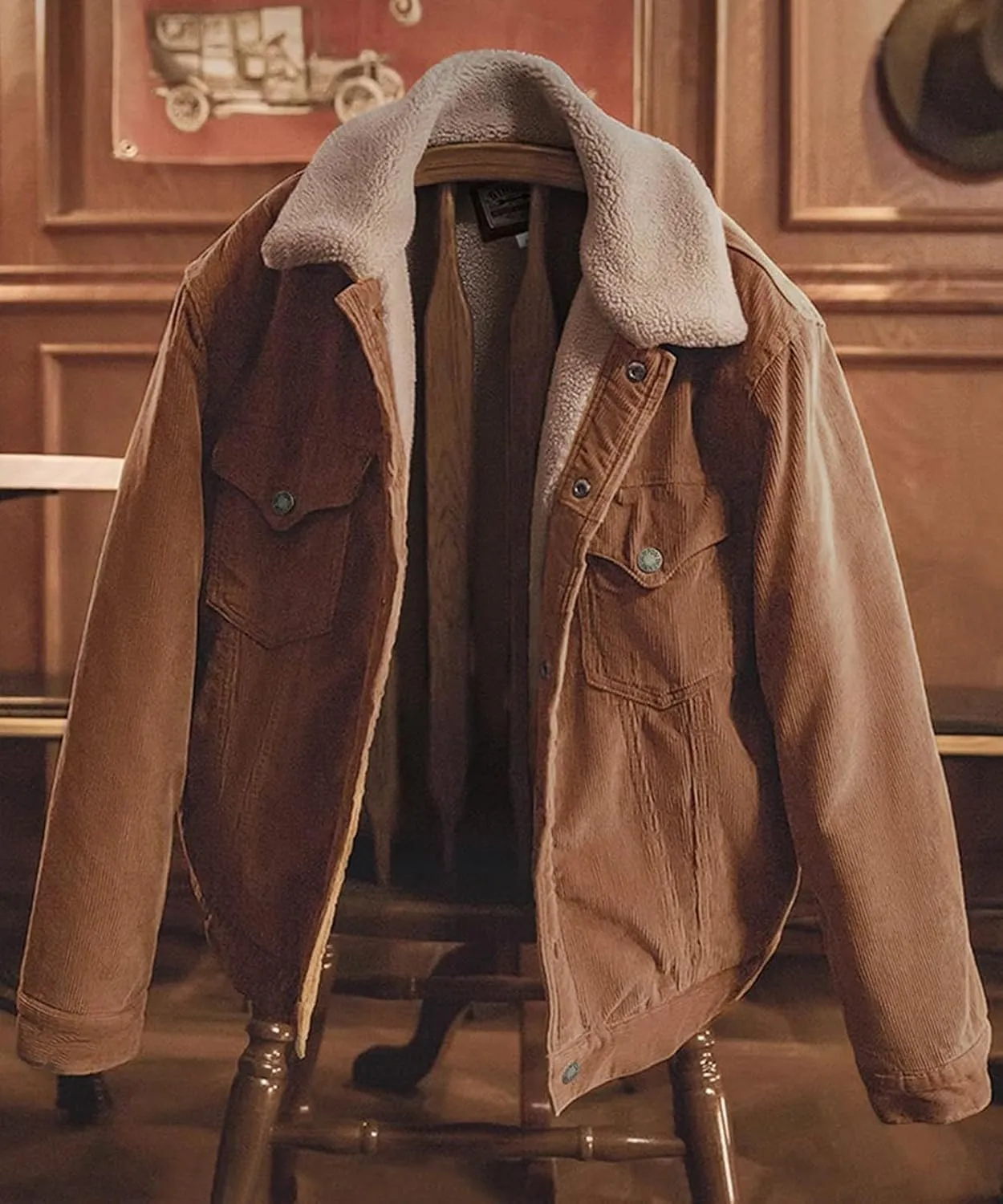 Men's Fleece Corduroy Jackets Snap Button Down Winter Cargo Coats Pockets Retro Warm Lapel Plush Fuzzy Sherpa Jacket