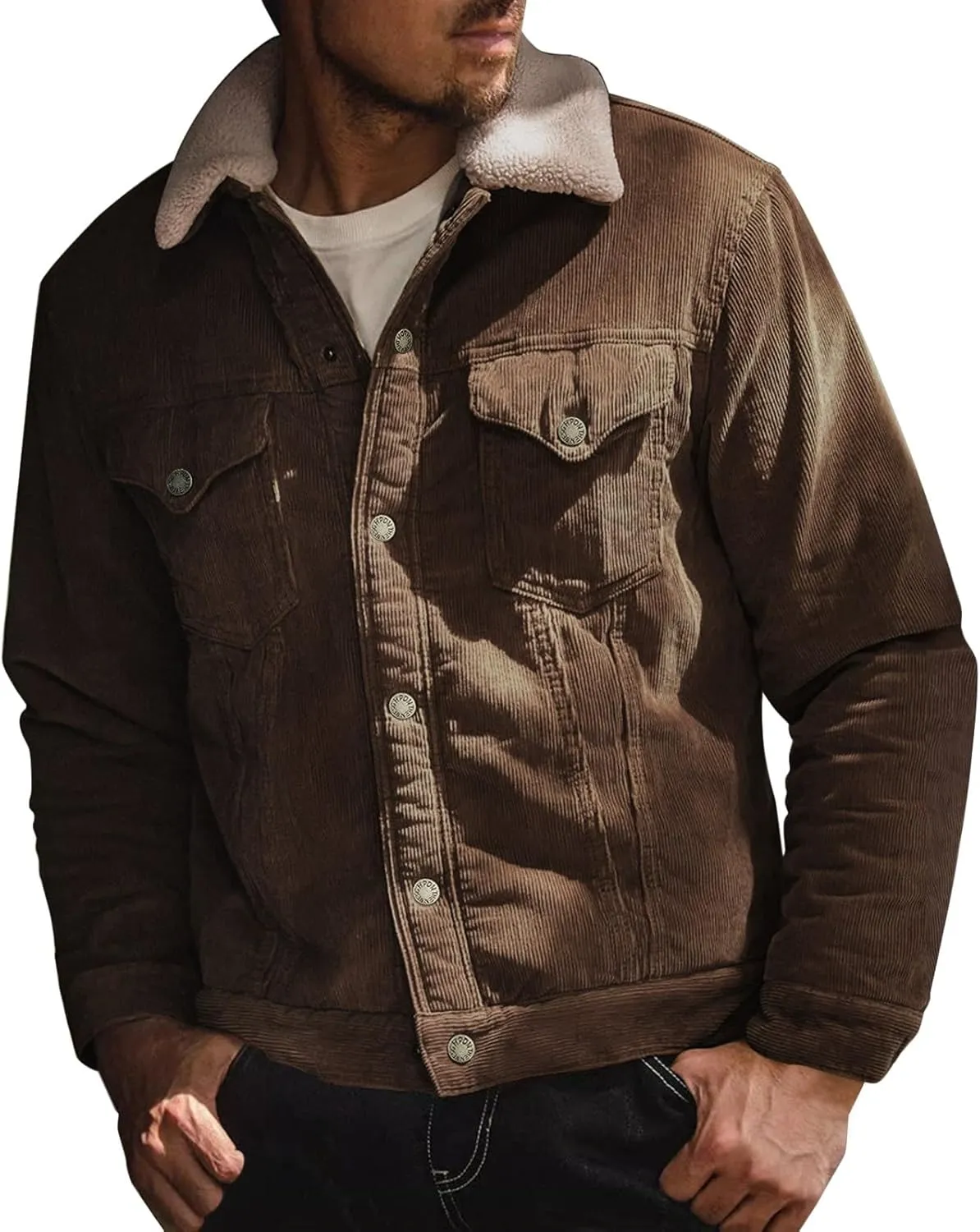 Men's Fleece Corduroy Jackets Snap Button Down Winter Cargo Coats Pockets Retro Warm Lapel Plush Fuzzy Sherpa Jacket