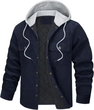Men's Hooded Corduroy Jackets Quilted Lined Padded Casual Shacket Casual Thick Solid Color Winter Coats