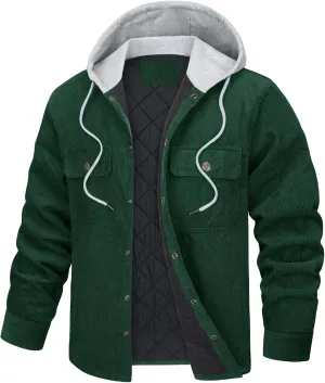 Men's Hooded Corduroy Jackets Quilted Lined Padded Casual Shacket Casual Thick Solid Color Winter Coats