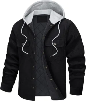 Men's Hooded Corduroy Jackets Quilted Lined Padded Casual Shacket Casual Thick Solid Color Winter Coats