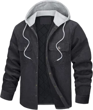 Men's Hooded Corduroy Jackets Quilted Lined Padded Casual Shacket Casual Thick Solid Color Winter Coats