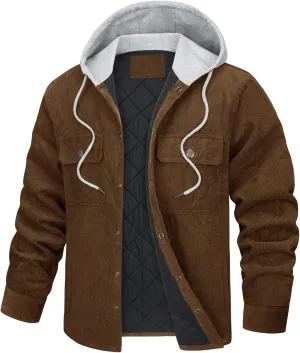 Men's Hooded Corduroy Jackets Quilted Lined Padded Casual Shacket Casual Thick Solid Color Winter Coats