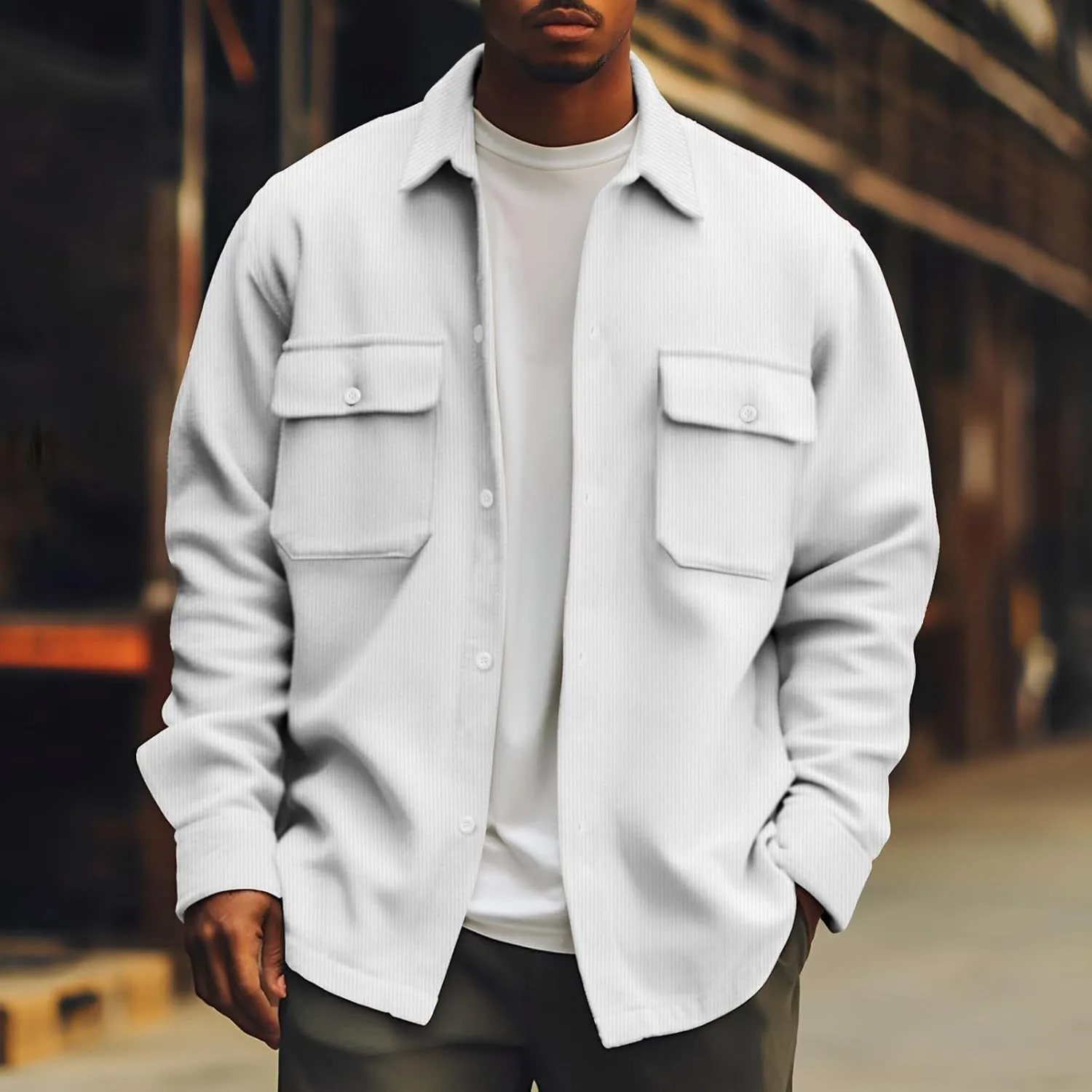 Men's Jackets Casual Button Up Corduroy Jackets Long Sleeve Fashion Stylish Lightweight Shirt Jacket, M-6XL