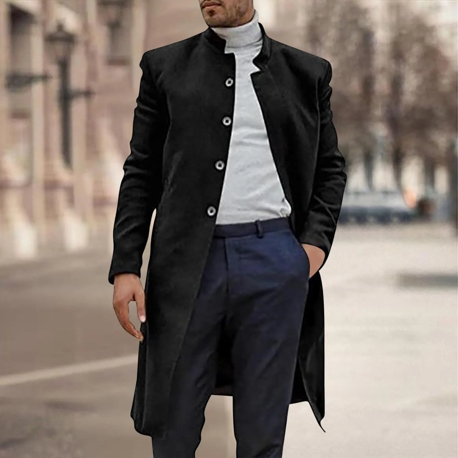 Men's Luxury Mid Length Trench Coat Long Wool Overcoat Winter Windbreaker Stand Collar Casual Outwear & Jackets