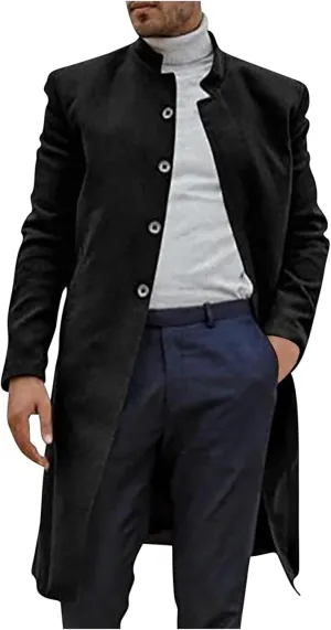 Men's Luxury Mid Length Trench Coat Long Wool Overcoat Winter Windbreaker Stand Collar Casual Outwear & Jackets