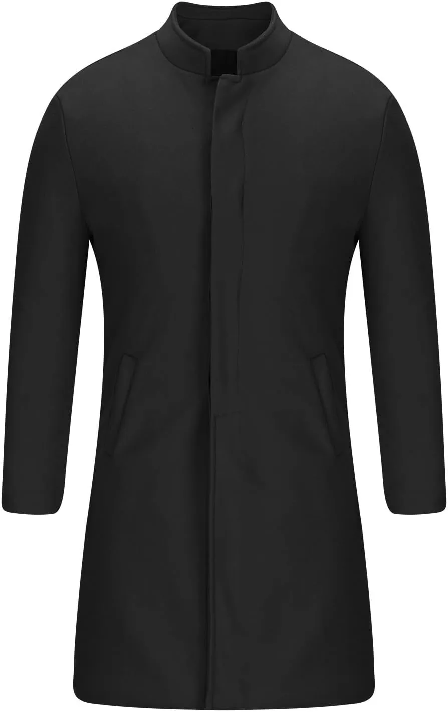 Men's Luxury Mid Length Trench Coat Long Wool Overcoat Winter Windbreaker Stand Collar Casual Outwear & Jackets