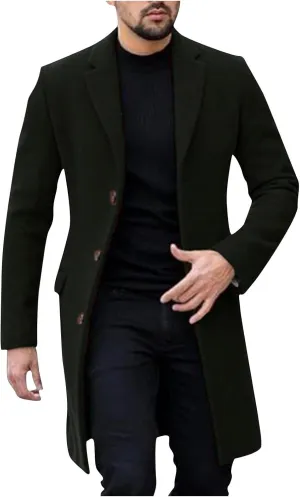 Men's Notch Lapel Single Breasted Long Trench Coat Casual Cotton Blend Peacoat Slim Fit Winter Pea Coat Overcoats