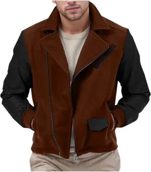 Mens Wool Blend Faux Suede Jacket Slim Fit Zip Up Casual PU Leather Patchwork Motorcycle Biker Coat for Fall Winter