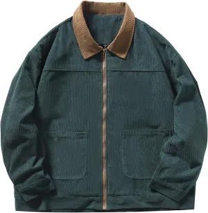 Mens Zip Up Western Corduroy Jackets Lightweight Collar Bomber Jacket Retro Distressed Long Sleeve Textured Shackets