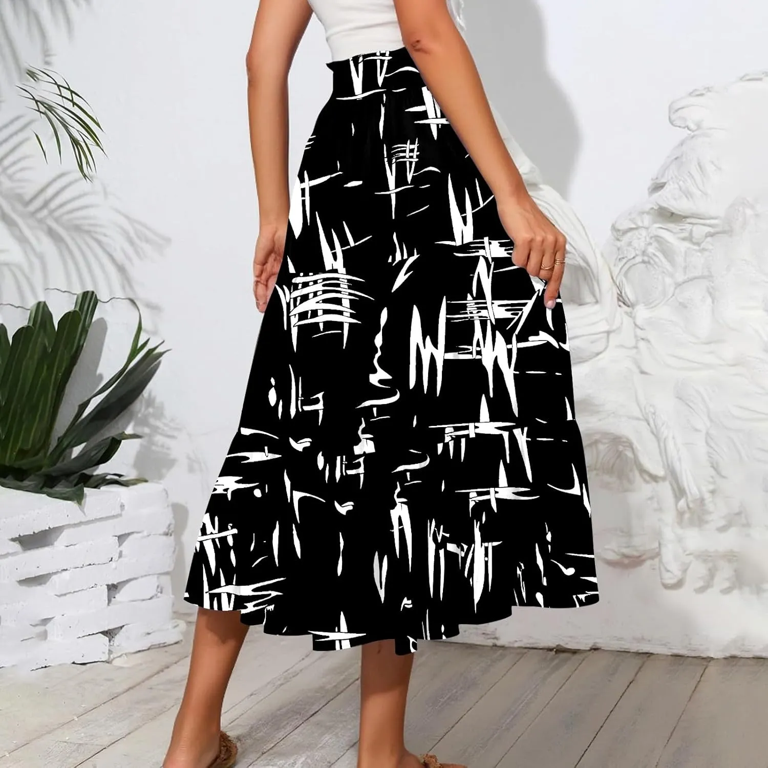 Midi Skirts for Women 2025 High Elastic Waisted Boho Floral Skirts Tiered Ruffle Skirt Flowy A Line Skorts with Pockets