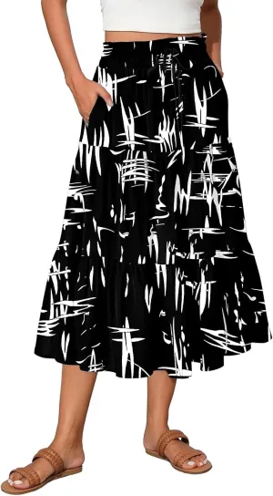 Midi Skirts for Women 2025 High Elastic Waisted Boho Floral Skirts Tiered Ruffle Skirt Flowy A Line Skorts with Pockets