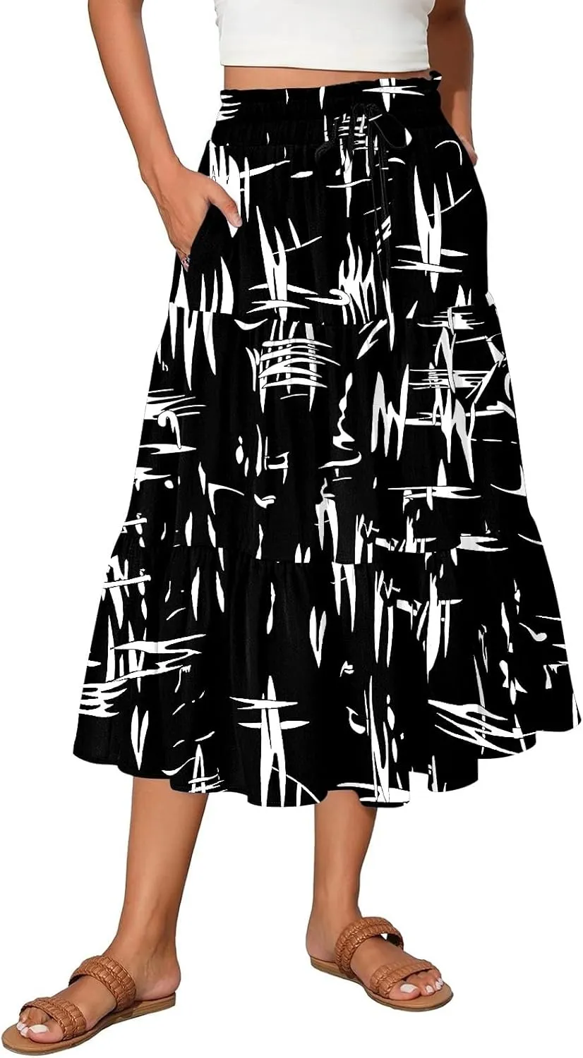 Midi Skirts for Women 2025 High Elastic Waisted Boho Floral Skirts Tiered Ruffle Skirt Flowy A Line Skorts with Pockets