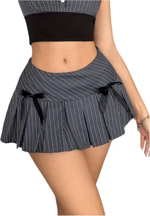 Milumia Women's Striped Bow Low Waist Mini Pleated Skirts Y2K A Line Skirts