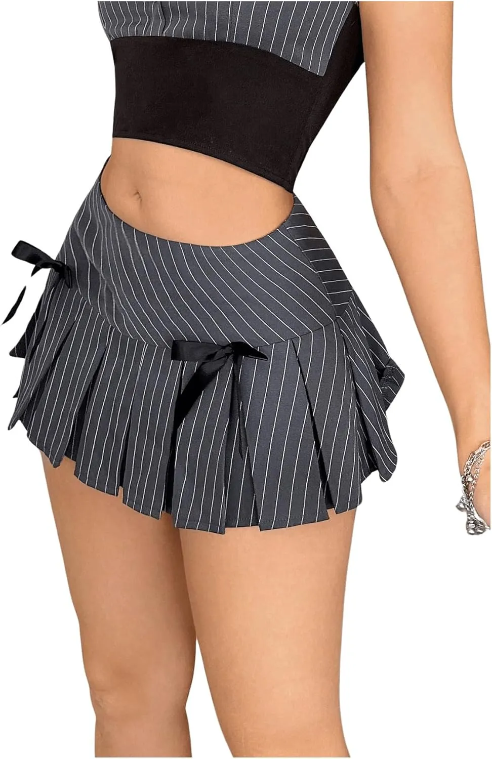 Milumia Women's Striped Bow Low Waist Mini Pleated Skirts Y2K A Line Skirts