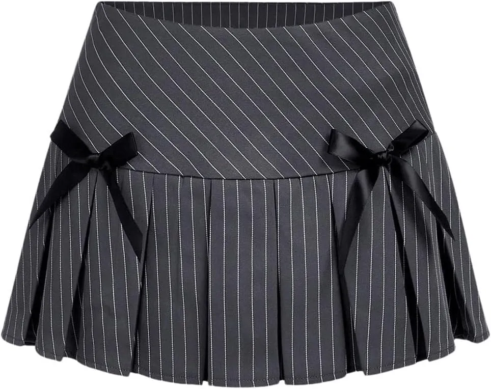 Milumia Women's Striped Bow Low Waist Mini Pleated Skirts Y2K A Line Skirts