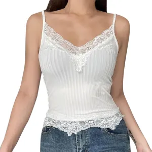 Miyaomn Women's Lace V-Neck Crop Tank Tops Ribbed Seamless Cami Top Crochet Knit Vest Sexy Sleeveless Sheer Mesh Y2k Clothing