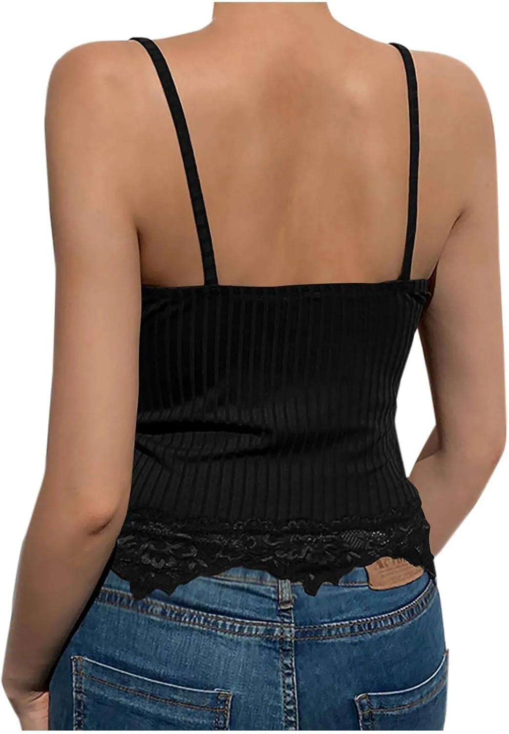 Miyaomn Women's Lace V-Neck Crop Tank Tops Ribbed Seamless Cami Top Crochet Knit Vest Sexy Sleeveless Sheer Mesh Y2k Clothing