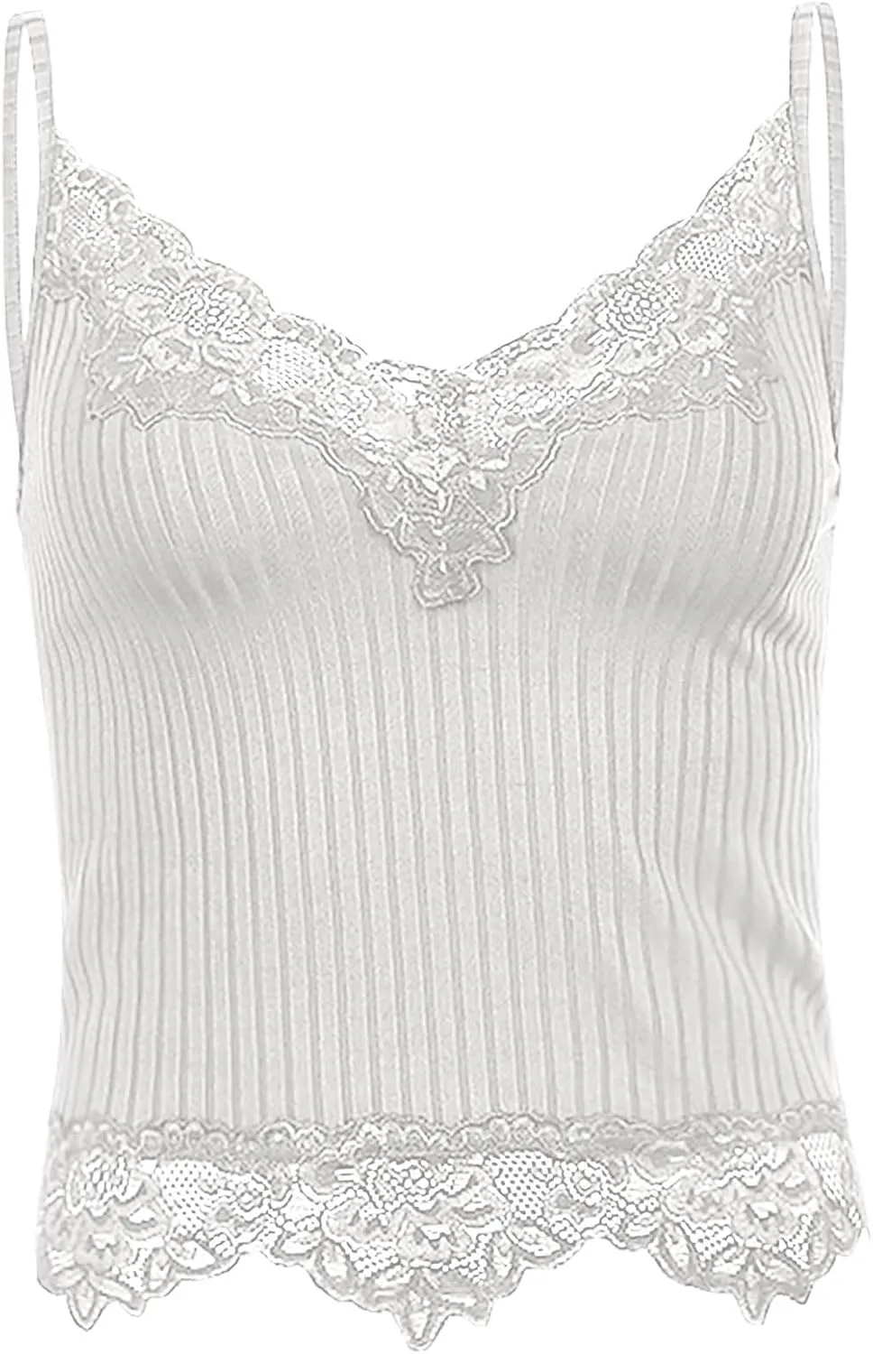 Miyaomn Women's Lace V-Neck Crop Tank Tops Ribbed Seamless Cami Top Crochet Knit Vest Sexy Sleeveless Sheer Mesh Y2k Clothing