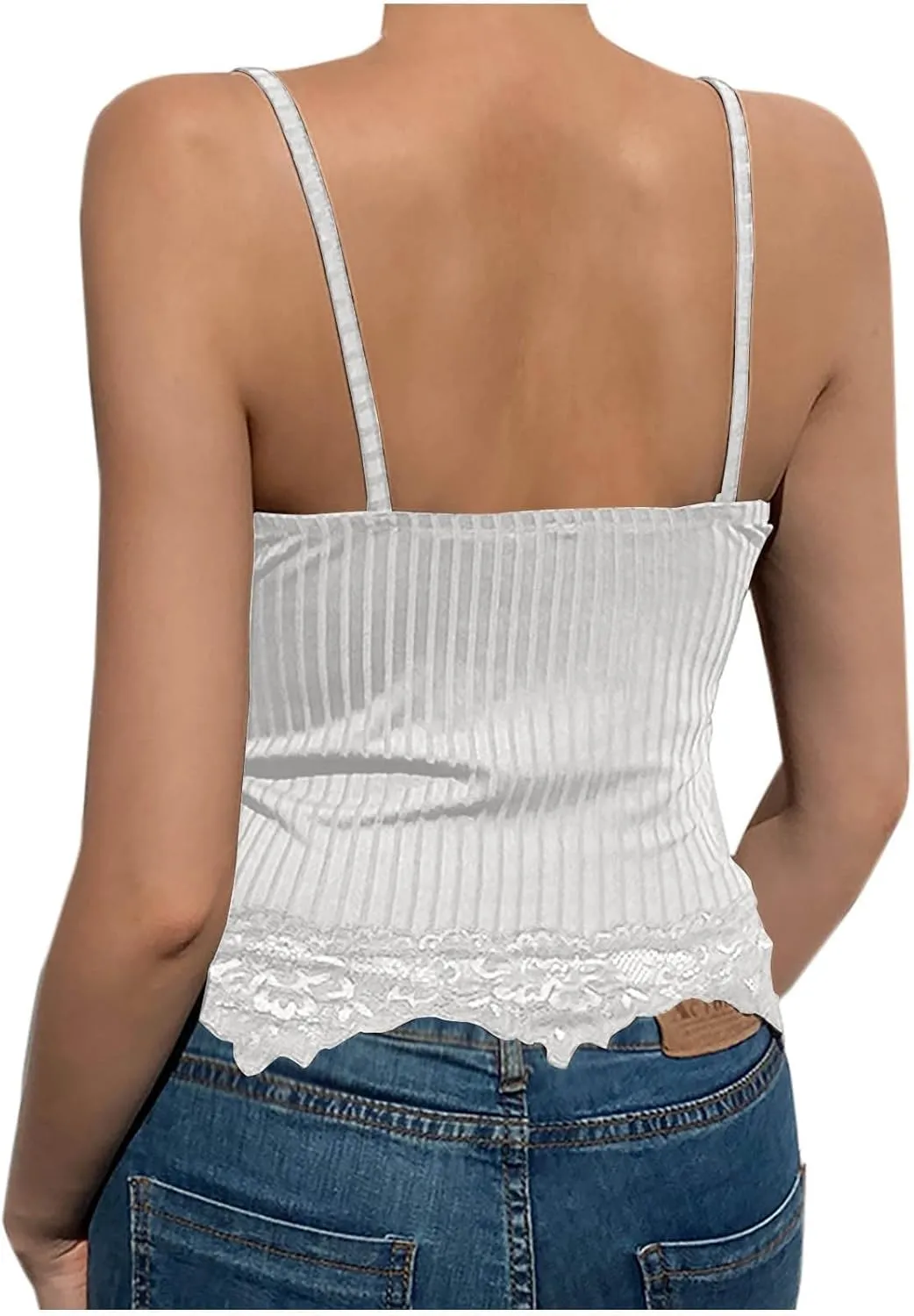 Miyaomn Women's Lace V-Neck Crop Tank Tops Ribbed Seamless Cami Top Crochet Knit Vest Sexy Sleeveless Sheer Mesh Y2k Clothing