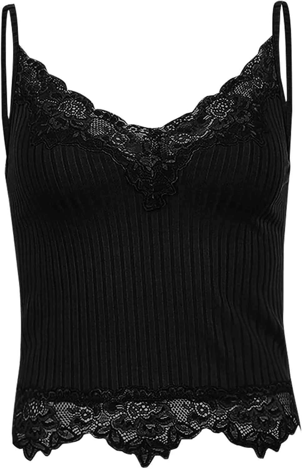 Miyaomn Women's Lace V-Neck Crop Tank Tops Ribbed Seamless Cami Top Crochet Knit Vest Sexy Sleeveless Sheer Mesh Y2k Clothing